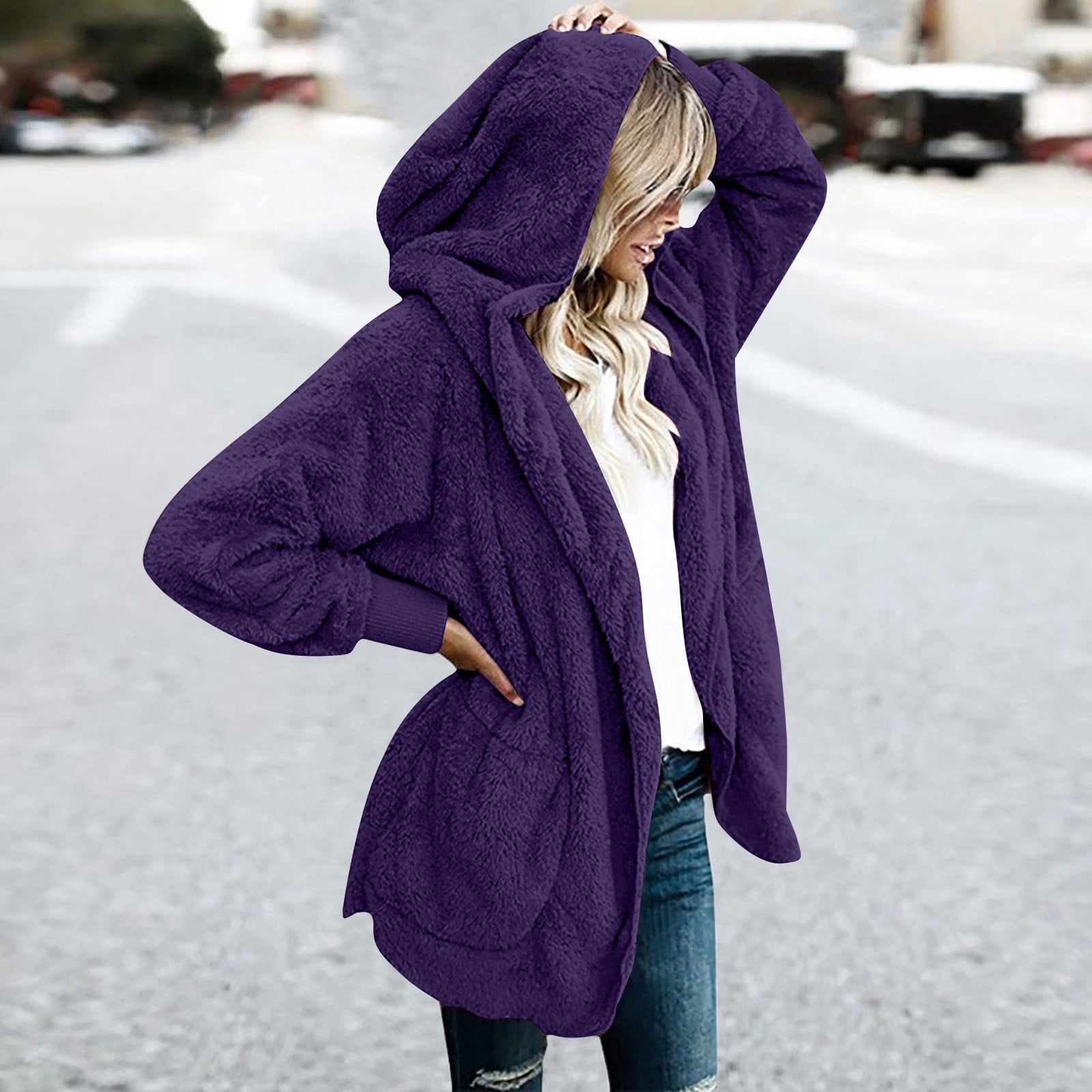 Winter Coats for Women Plus Size S-5X Fleece Long Sleeve Jackets with Hood and Pockets Ladies Casual Solid Warm Open Front Outerwear Coat