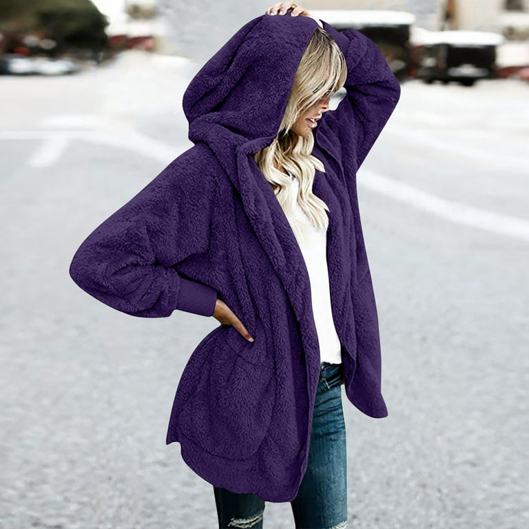 Dezsed Womens Fuzzy Fleece Open Front Hooded Cardigan Jackets Clearance Women s Solid Color Casual Plush Cardigan Long Sleeve Pockets Blouse Coat Tops Purple XXXXXL Walmart