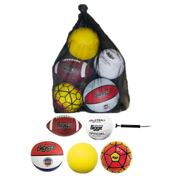 Biggz Bag of Sport Balls – Basketball, Soccer Ball, Football, Volleyball, Yellow Playground Ball, and Pump