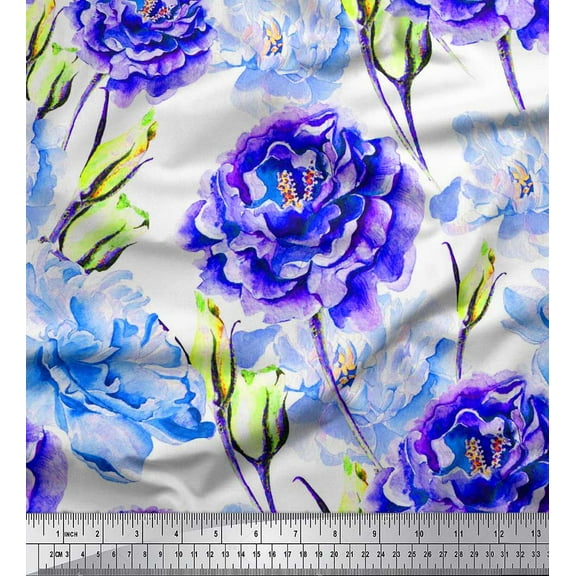 Soimoi Blue Cotton Duck Fabric Floral Print Fabric by The Yard 42 Inch Wide