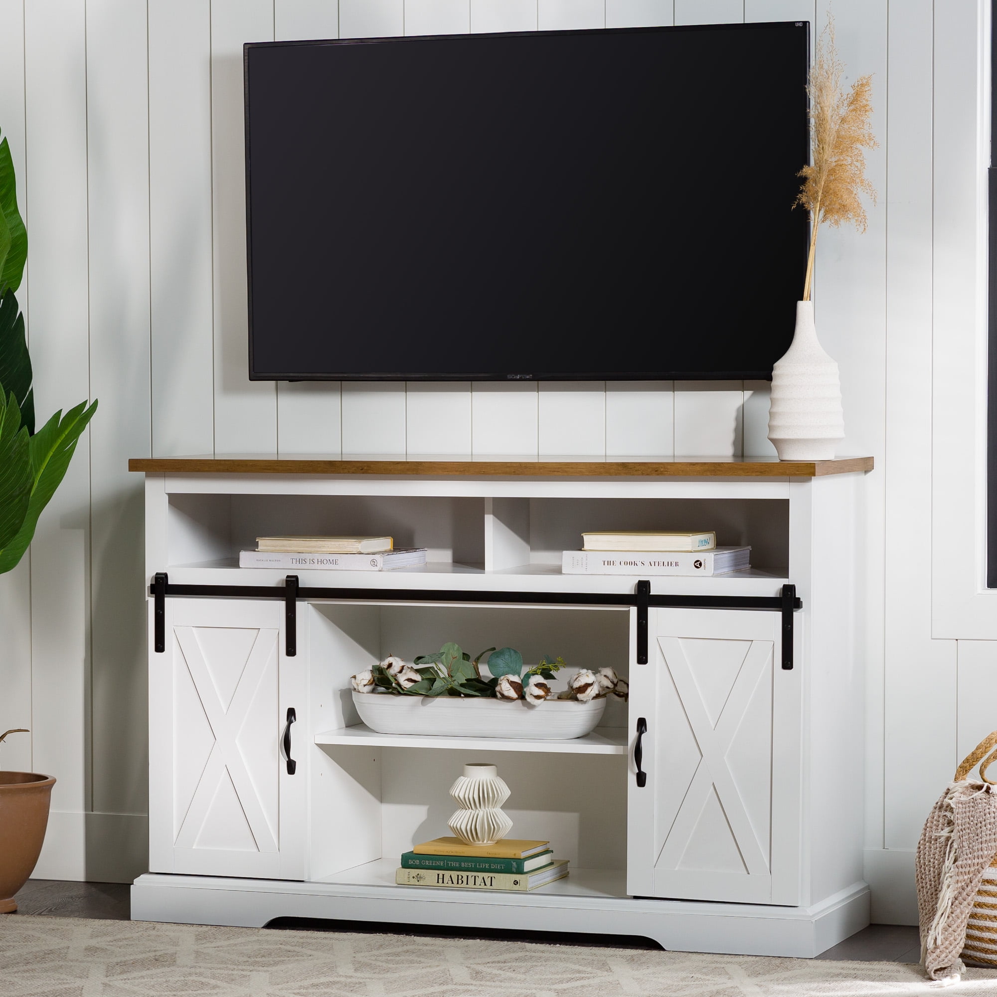 Walker Edison Farmhouse Barn Door TV Stand for TVs up to 60", Solid White & Rustic Oak