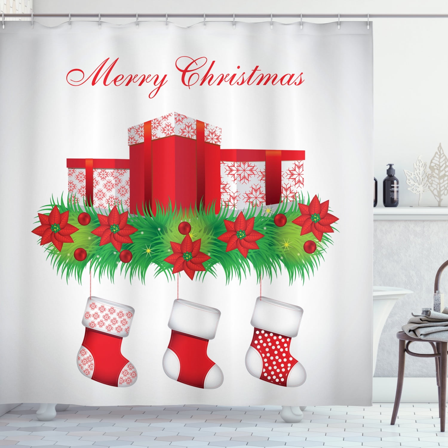 Christmas Socks Hanging On Red Wooden Waterproof Fabric Bathroom Shower Curtain 