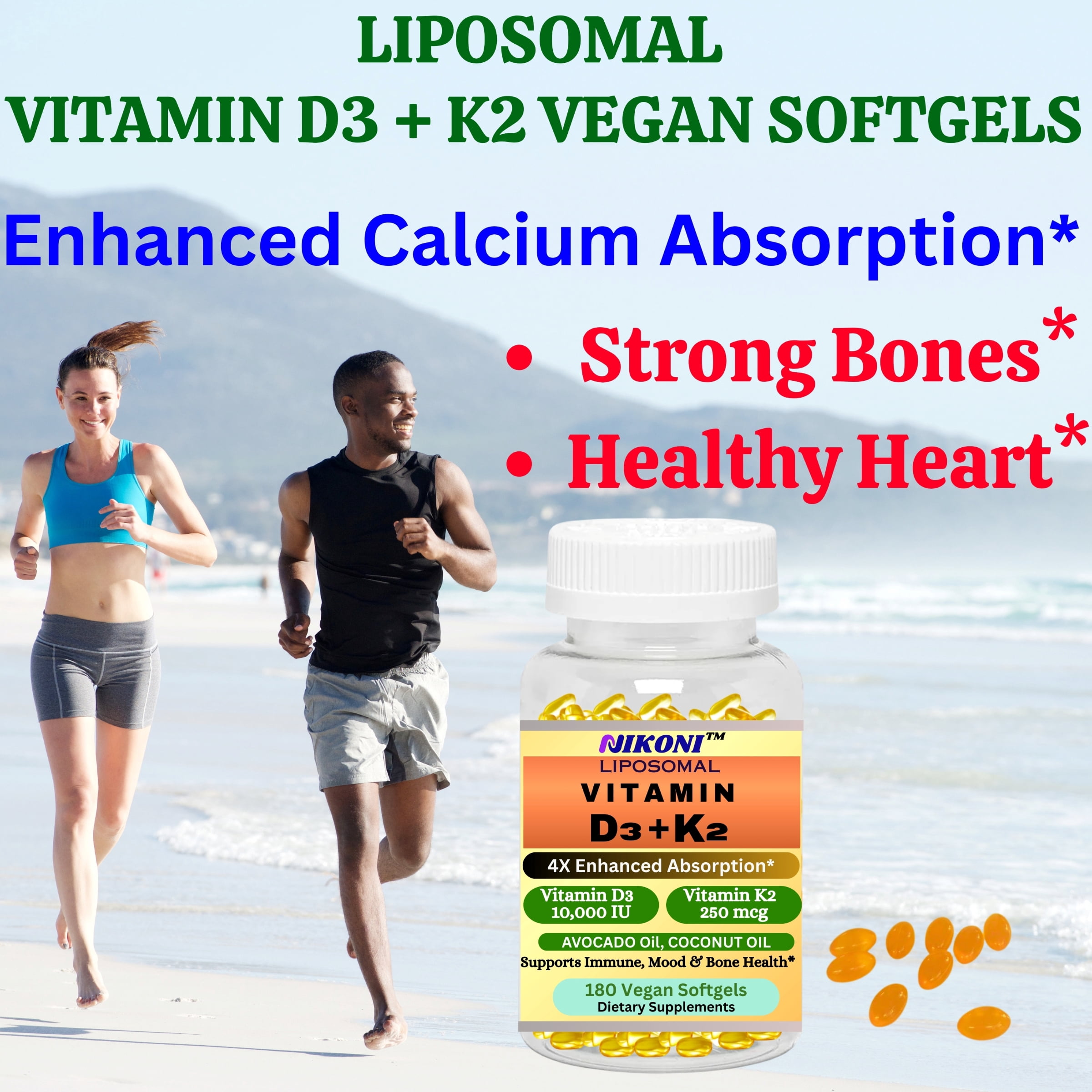 Nikoni Liposomal Vitamin D3 10,000IU + K2 Softgels Dietary Supplement, High Strength, 180 Vegan Softgels