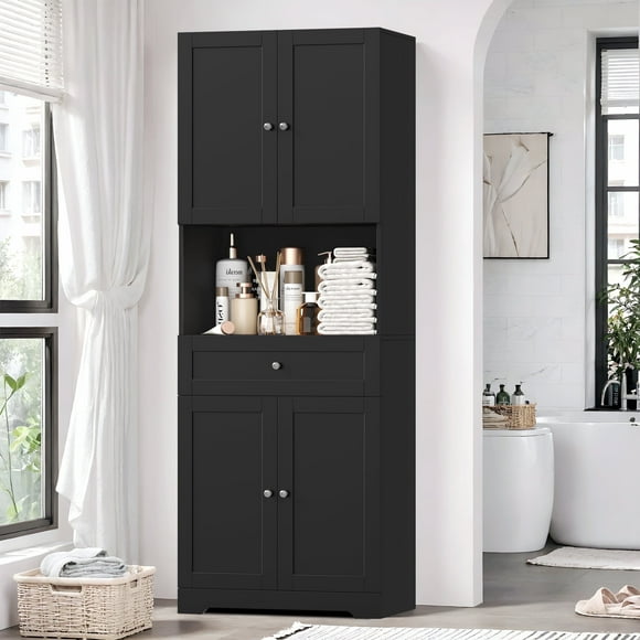 Homfa Armoire de Rangement de Salle de Bain Style Ferme de 67,5 Po de Hauteur avec Tiroir, Armoire de Rangement Autoportante Moderne à 4 Portes, Noir