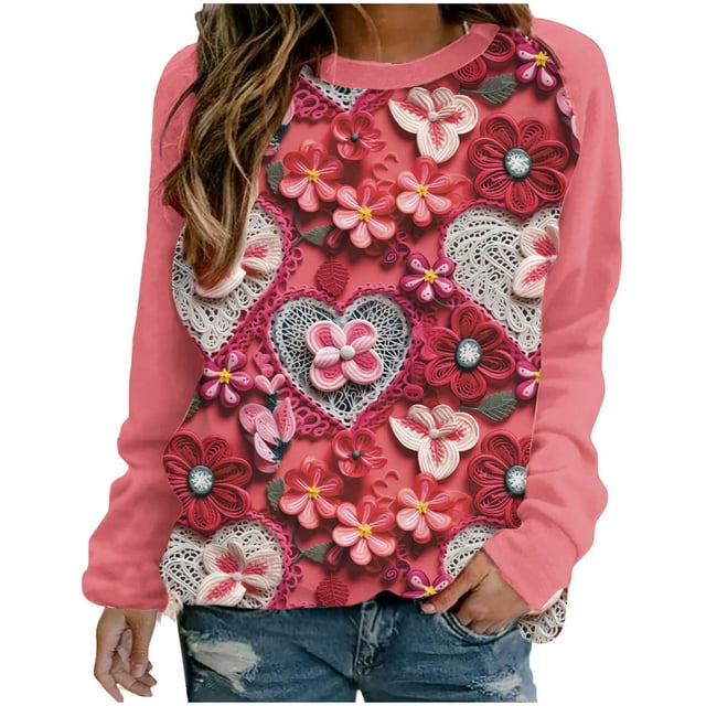 VALMASS Chandails en Molleton Col Rond pour Femmes Saint-Valentin Imprimé Floral Manches Longues Mode Décontractée Blouses Sans Capuche (m, Rose Vif)