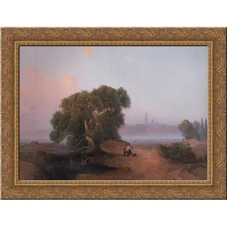 View of Pechersk Lavra in Kiev from the Dnieper 24x18 Gold Ornate Wood Framed Canvas Art by Aleksey Savrasov