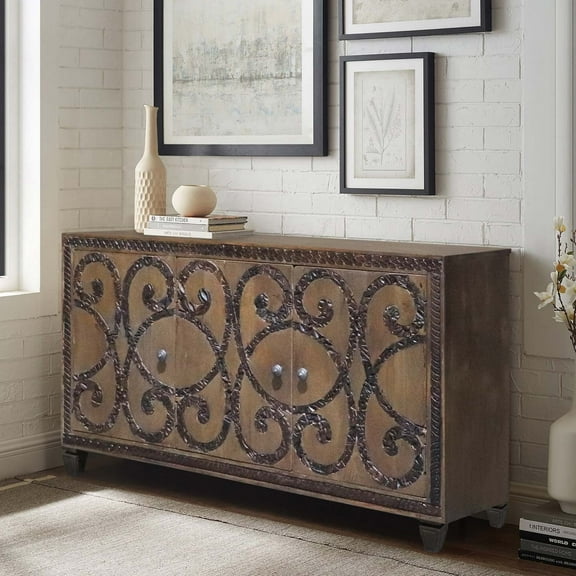 3 Doors Printed Stamps Sideboard | Hand Carved Media Console Table | Distressed Brown Storage Credenza Cabinet | Dining Buffet Cabinet