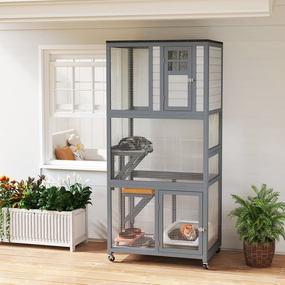 PawHut 36" L Outdoor Cat House Catio with Run on Wheels, Asphalt Roof