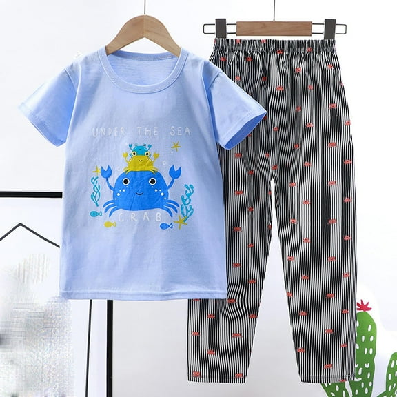 Spazoro Toddler Kids Boys Girls Outfit Shirts Sets, Printed 2-Piece Short Sleeve Summer 2025 Casual Pants Set Sky Blue Size 3 T