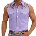 thumbnail image 2 of Shirts for Men Western Cowboy Print Geometric Sleeveless Casual Button Up Top Summer with Double Pockets Breathable Light Purple Shirt, 2 of 4