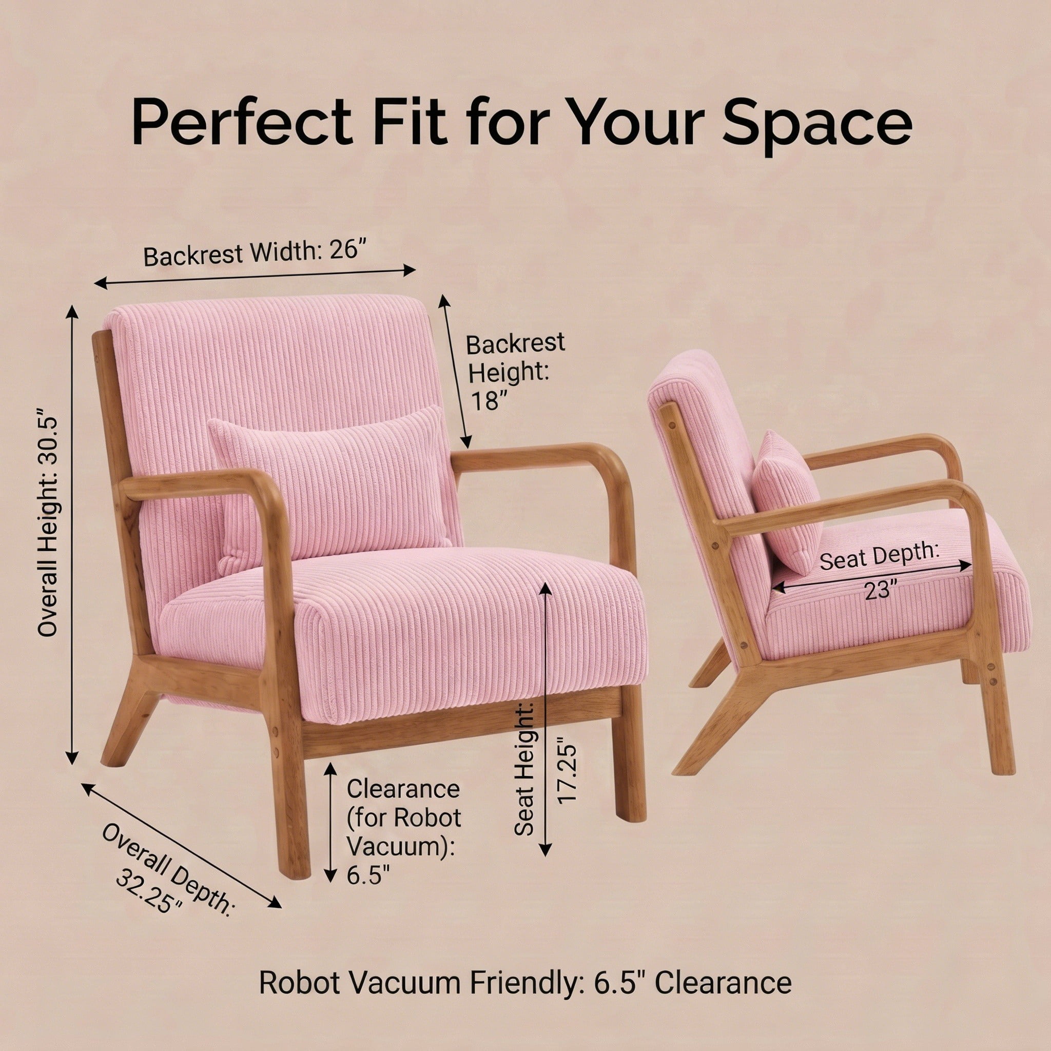 Mid-Century Modern Corduroy Accent Chair with Solid Wood Frame & Lumbar Pillow, Pink