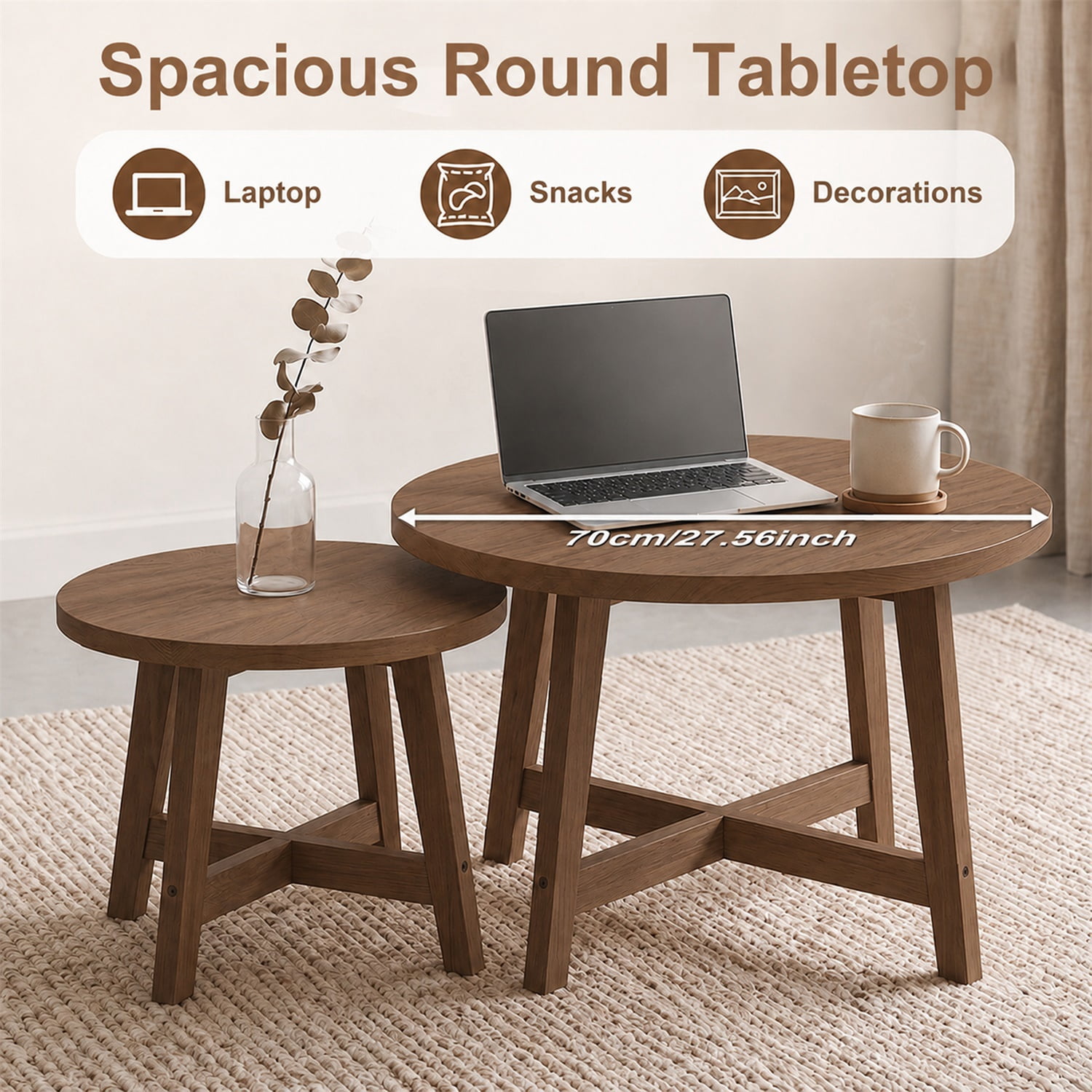 Hommoo 2-Piece Round Nesting Coffee Tables Set, Modern X-Frame Stackable Side Tables for Living Room, Bedroom & Balcony, Walnut