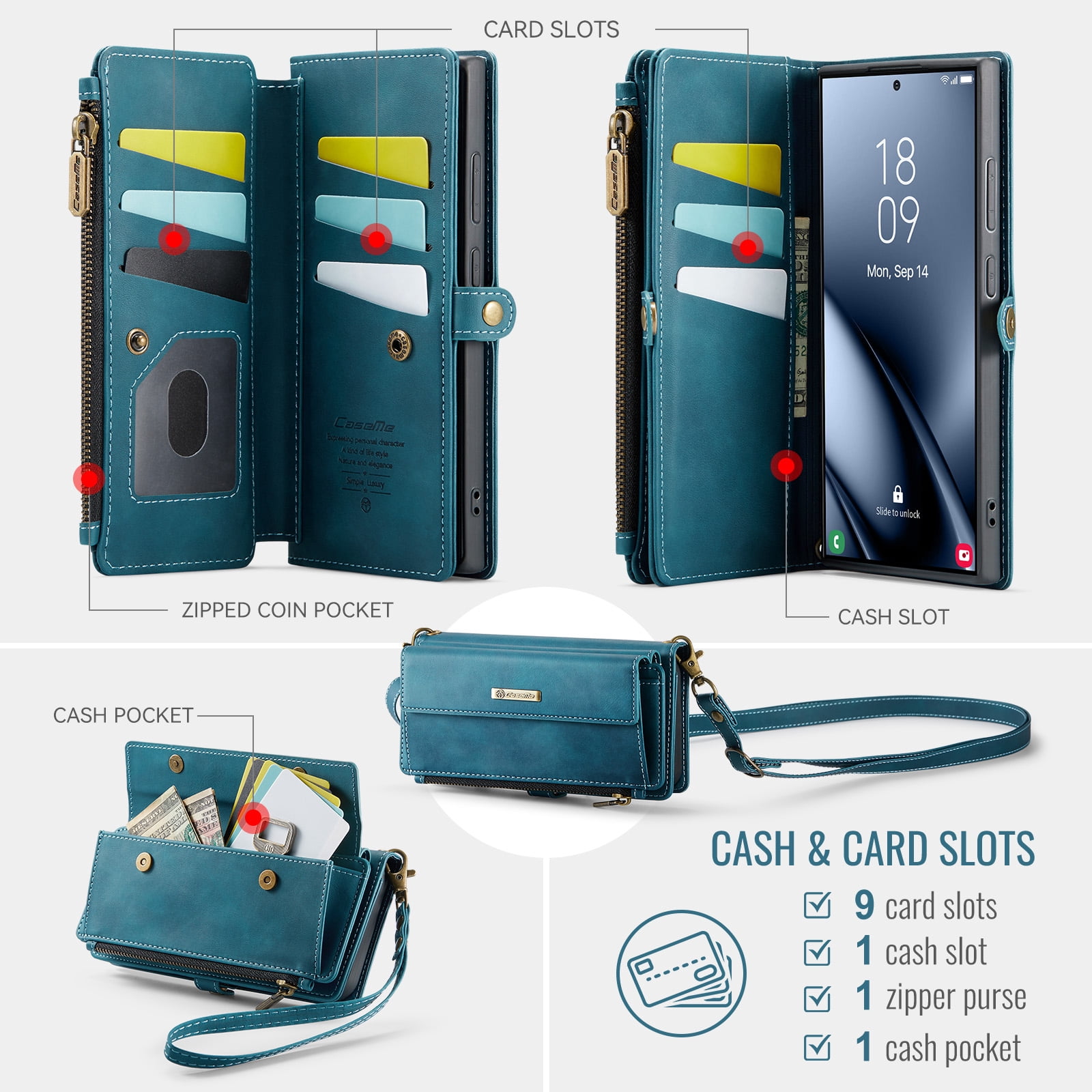 Decase Wallet Case for Samsung Galaxy S25 Ultra,Magnetic Flip Zipper Pocket PU Leather Phone Cover,Crossbody Flip Cover with RFID Card Slots,Green
