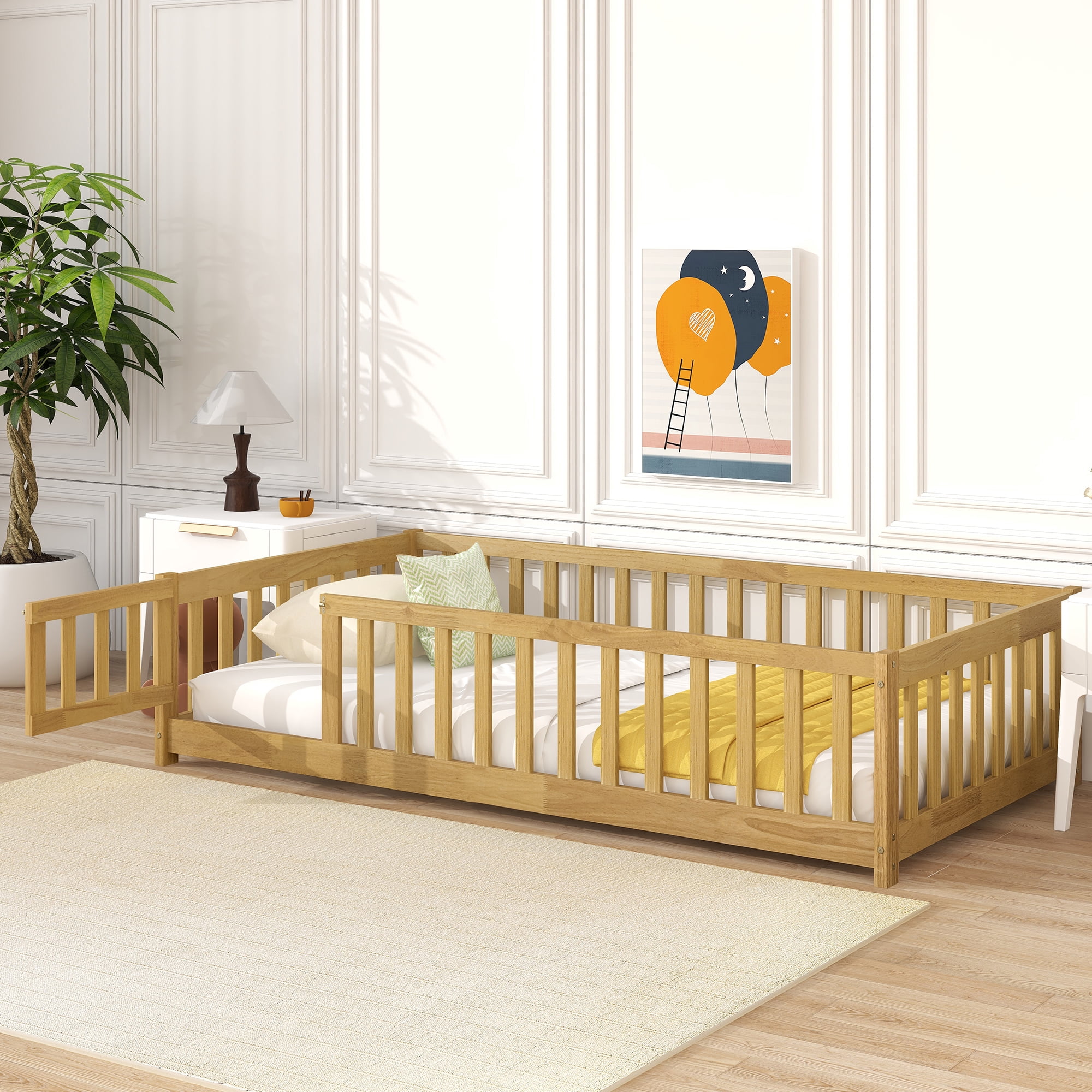 Twin Size Rubber Wood Floor Bed with Fence & Door, Montessori Floor Bed with Safety Guardrails, Natural Finish, No Box Spring Needed
