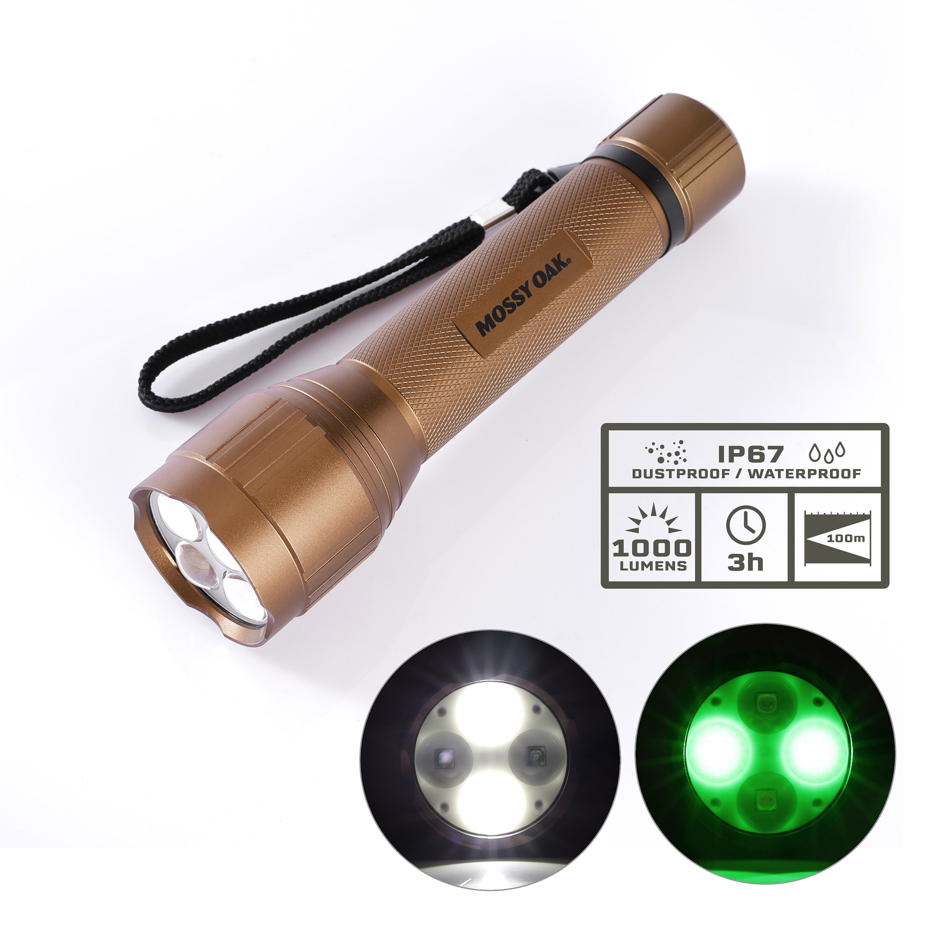 Mossy Oak Hunting Green Light Outdoor LED Flashlight, IP67 Dustproof Waterproof, 1000 Lumens, 6 AA Batteries Included