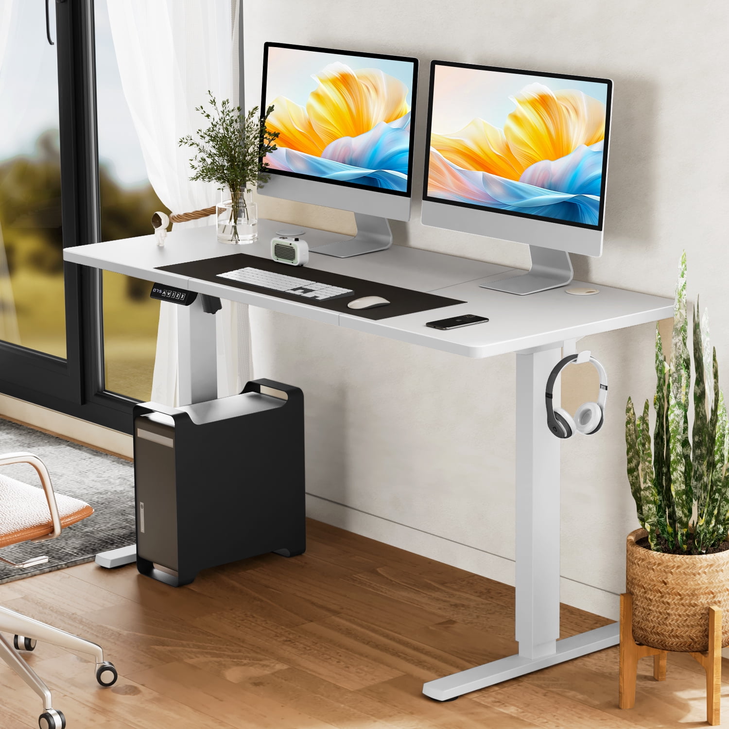 Electric Stand up Desk, 55'' Wide Desktop with Adjustable Height, Standing Computer Desk for Home Ofiice, White