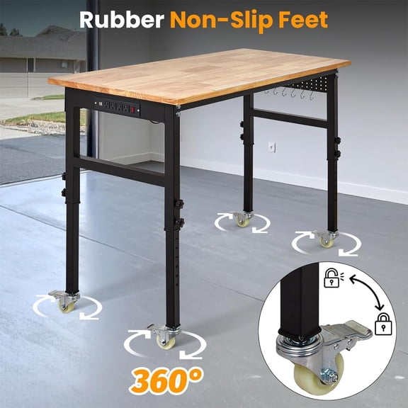 Heavy Duty L-Shaped Adjustable Workbench with Wheels - 2000 lbs Capacity, Rubberwood Top, Power Outlet, Drawers, Pegboard - Mobile Industrial Tool Table for Garage, Workshop, Home Office