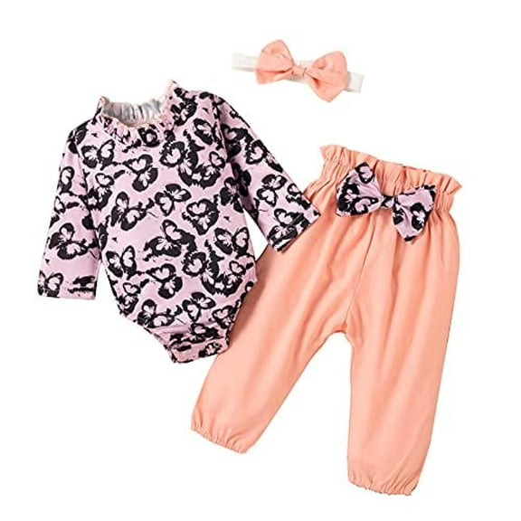 StylesILove Infant Baby Girls Butterfly Printed Long Sleeve Romper, Pants and Headband 3pcs Fall Winter Outfit (18 Months)