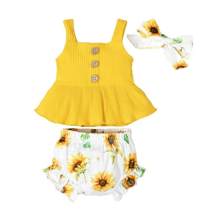 

Baby Girls Outfits Sleeveless Solid Color Button Strap Top + Sunflower Print Shorts + Headband 3Pcs Clothes Set 3-6 Months Yellow