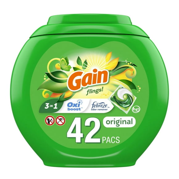 Gain Flings Laundry Detergent Pacs, Original Scent, 3 in 1 HE Detergent Pacs with Oxi Boost and Febreeze, 42 Count