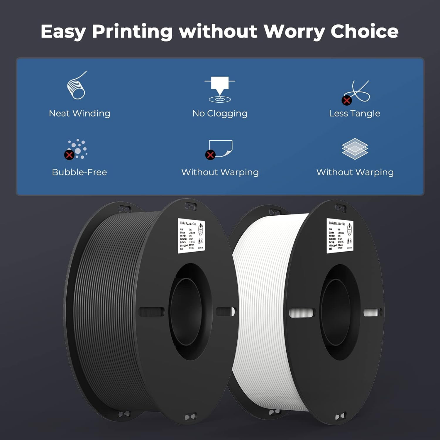2-Pack Creality 3D Printer Filament, 1.75mm PLA Filament Bundle 2kg for 3D Printing, Ender PLA Filament No-Tangling, Strong Bonding & Overhang Performance, Accuracy +/- 0.02mm, Black & White