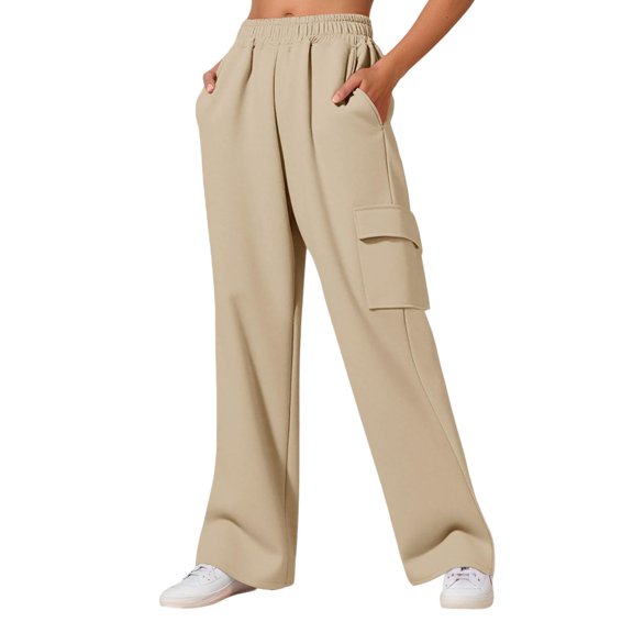 VNKIDY Women's Casual Pants Soft Solid Color Wide Leg Cargo Pants Elastic Waisted Casual Trousers With Pocket For Vibrant Street Loungewear Style Leisure Pants
