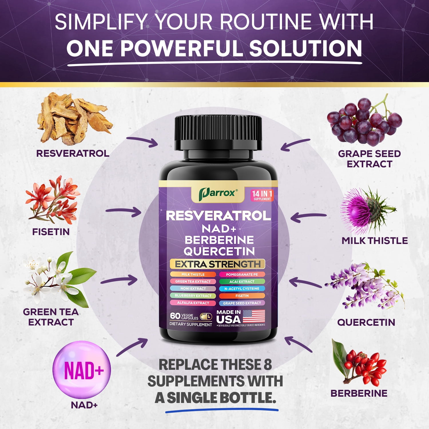 Resveratrol Supplement with Milk Thistle, NAD, Berberine, Quercetin, Fisetin, Pomegranate, Green Tea, Noni, Acai, Blueberry, Grape Seed Extracts, N-Acetyl Cysteine, 14-in-1 Extra Strength (60 Caps)