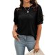 thumbnail image 2 of Camisa de media manga Empalme de encaje Cuello redondo Color puro Camiseta cómoda para mujer Negro L, 2 of 6