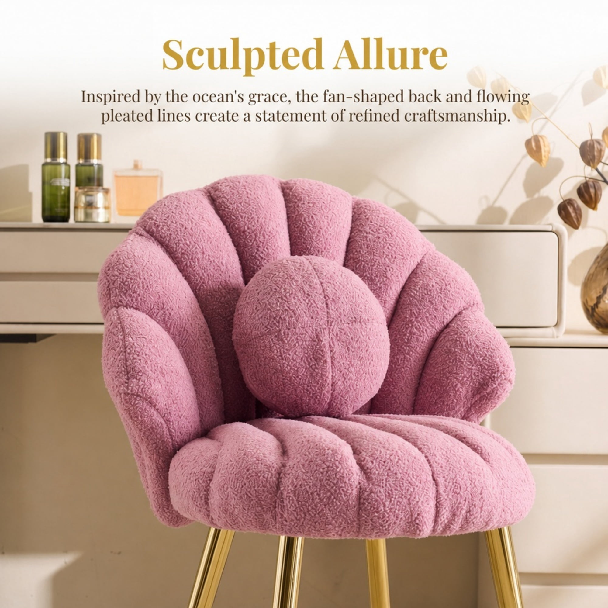 Ktaxon Vanity Makeup Chair with Teddy Velvet, Shell Design Accent Desk Chair with Lumbar Pillow and Gold Legs, Office Seating for Women Purple