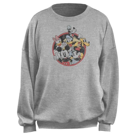 Junior's Mickey & Friends Distressed Retro Group Shot Sweatshirt Heather Gray Medium