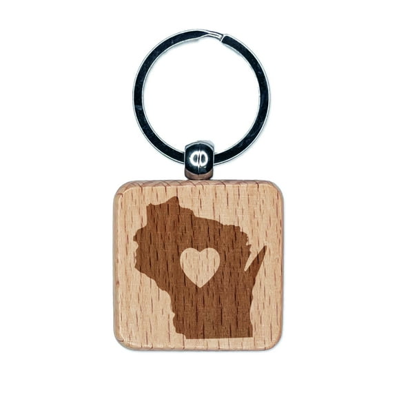 Wisconsin State with Heart Square Keychain Charm Tag - Engraved Wood