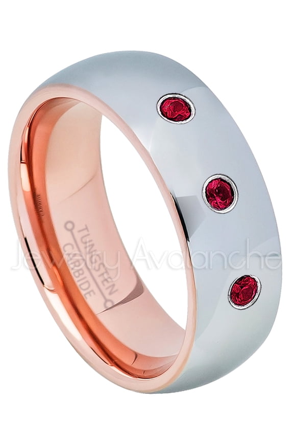 2-Tone Polished Dome Tungsten Ring - 0.21ctw Ruby 3-stone Band - Personalized Tungsten Wedding Ring - Custom Made July Birthstone Ring TN740BS