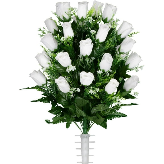 Sympathy Silks Artificial Cemetery Flowers - Realistic - Outdoor Grave Decorations - White Roses with Lily Grass (1) Bouquet