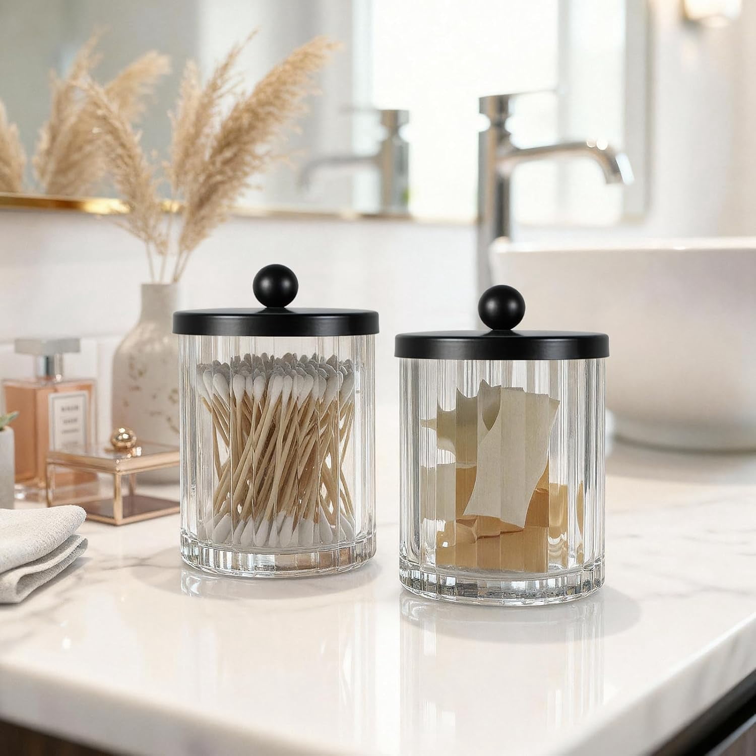RGHJAR-Qtip Holder Dispenser for Cotton Swabs, Cotton Balls, Pads, Floss Picks, Clear Glass Canister Apothecary Jar, Bathroom Essential Accessories Decor, Bathroom Storage Organizer (Black, 4 Pack)