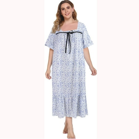 

WBQ Women s Plus Size Nightgown Short Sleeve Casual House Dress Vintage Square Neck Floral Printed Long Sleepshirt Oversized Housecoat XL-5XL