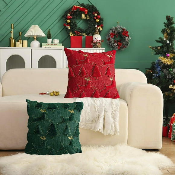 Cojín Decorativo con Diseño de Árbol de Navidad y Copos de Nieve | Cojín Verde Suave para Sofá de 45X45Cm | Decoración Festiva para Sala de Estar | 1 Cojín