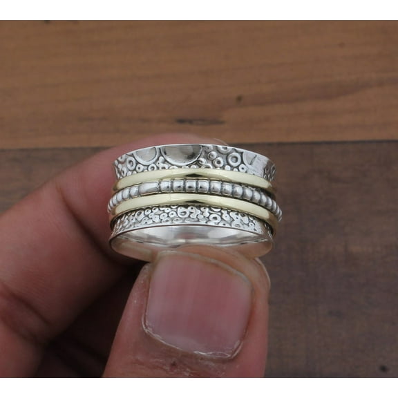 SS DESIGNS Sterling Silver Carved Spinner Ring – Handmade 925 Engraved Two-Tone Fidget Ring, Boho Meditation Anxiety Ring for Men & Women, Unique Wedding Jewelry Gift
