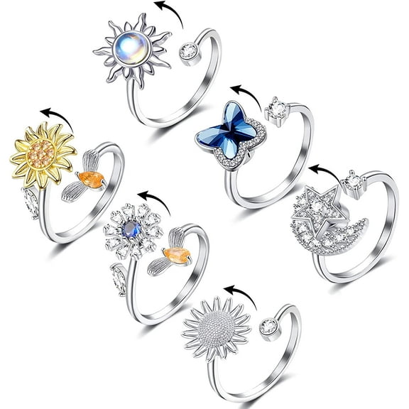 Women‘s Ring  Anxiety Relieving Ring Set  Sunflower Butterfly Bee Star Moon Stress Relieving Rotating Adult Ring