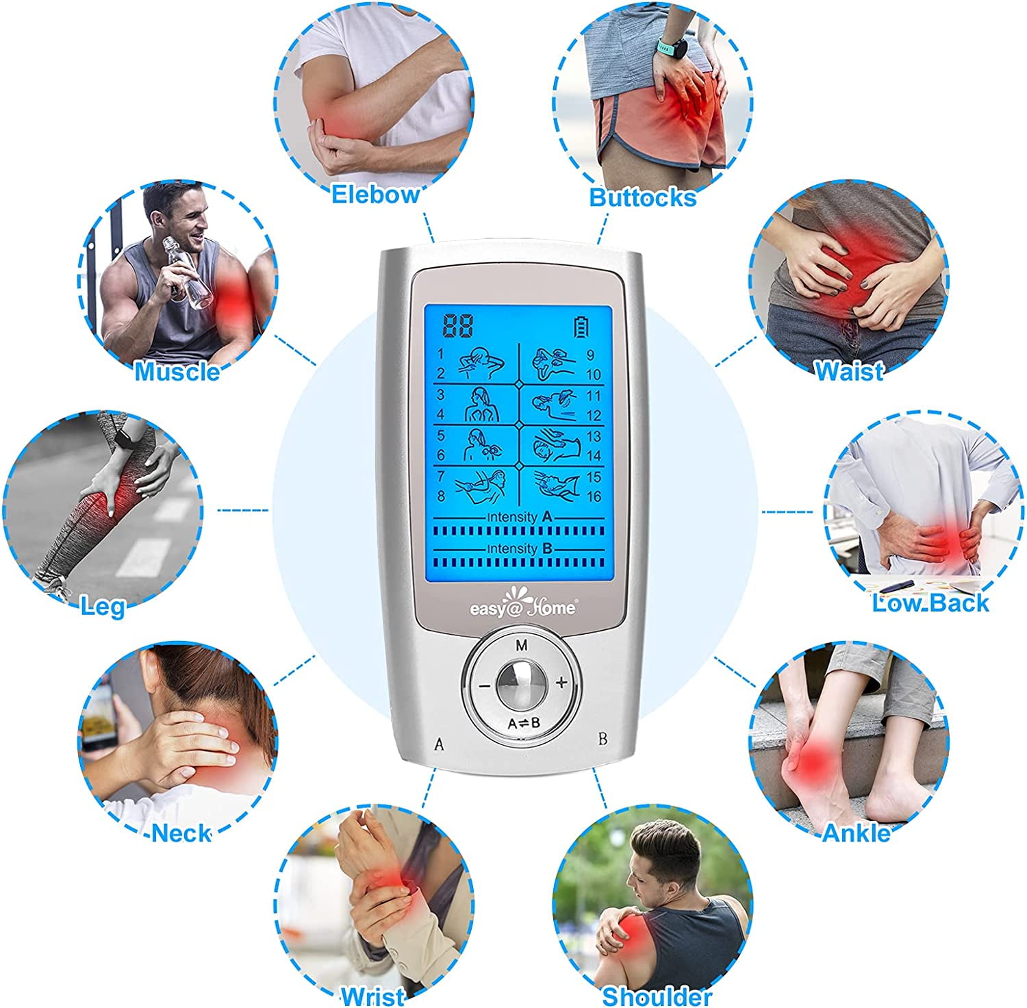 Easy@Home Dual Channel TENS Unit Electronic Pulse Massager with Electrodes, 1 Pack