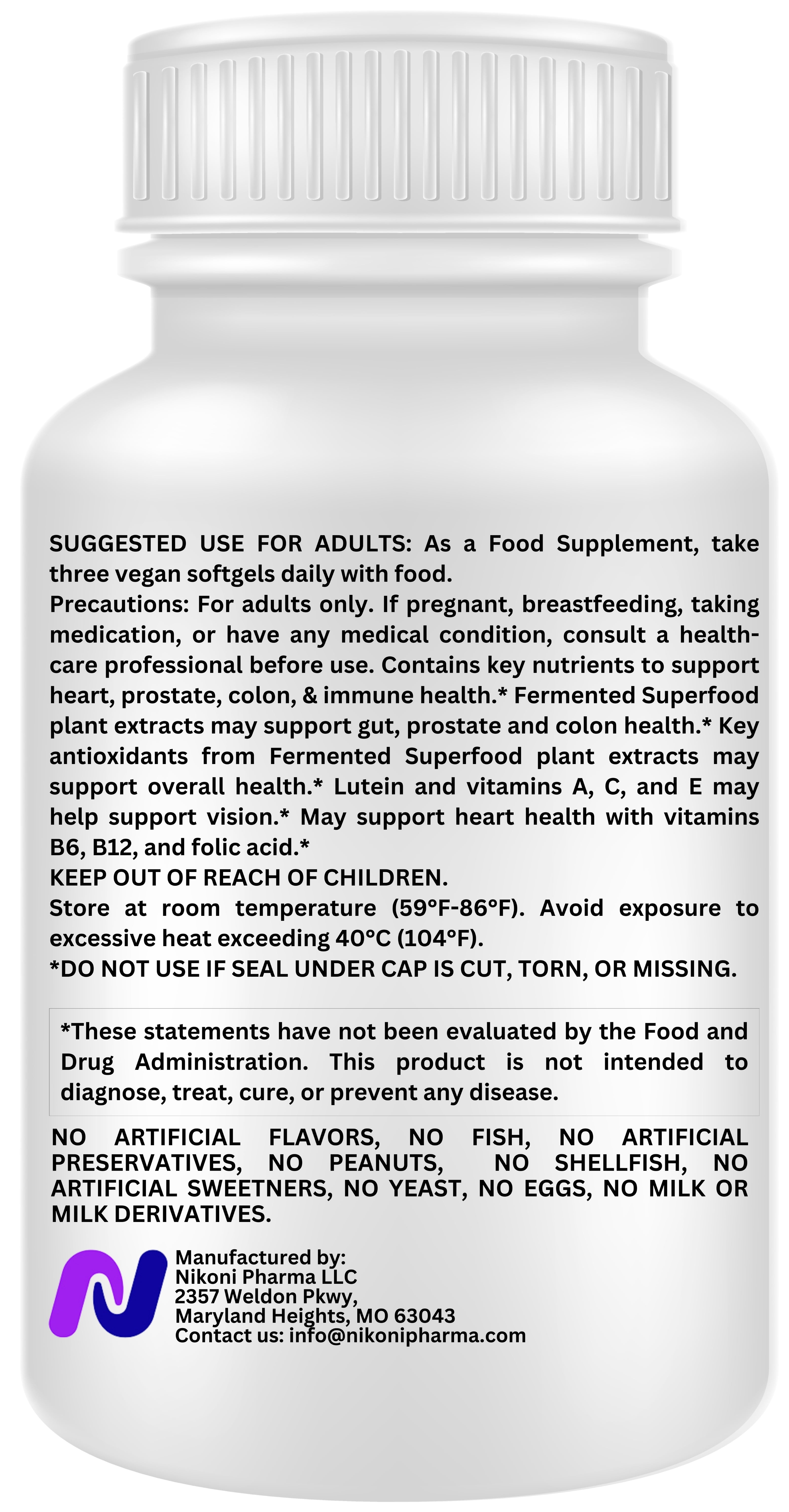 Nikoni Men's Fermented Multivitamin and Mineral Supplements Vegan Softgels Fermented for Better Absorption 90 Count