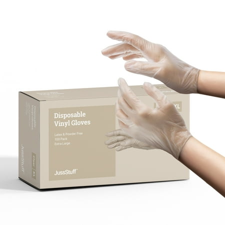 JussStuff Vinyl Gloves, Multifunction, Kitchen Gloves, All-Purpose Latex Free, Powder Free - Clear - Box of 100 Gloves (XL)