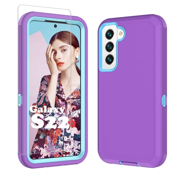 6.1" Galaxy S22 5G Cases, Heavy Duty Shockproof Protective Case for Galaxy S22 (6.1 Inch) with Tempered Glass Screen Protector - Purple