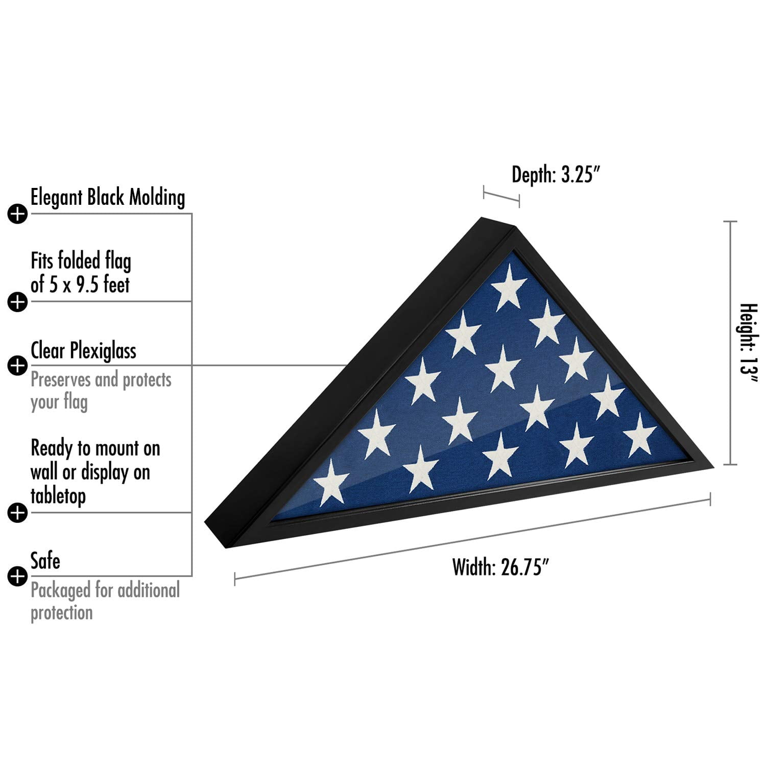 Americanflat Large Flag Display Case for Burial Flag - Fits Folded 5 x 9.5' Flag - Military Flag Case - Silhouette Collection - Flag Box with Polished Plexiglass - Black