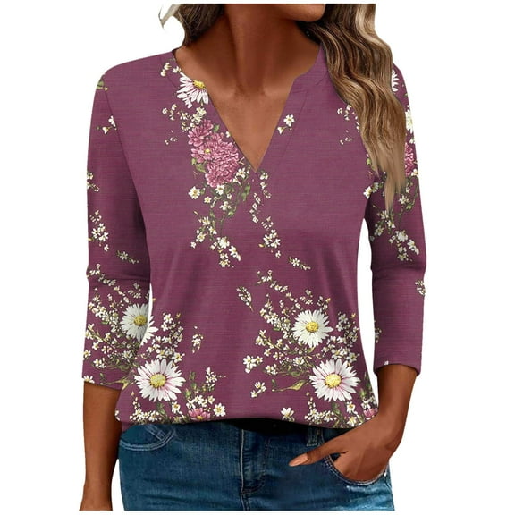 CYMMPU 3/4 Sleeve V Neck Blouses for Women Dressy Casual Spring Tunic Tops Fall Trendy Shirts Loose Fit Flower Pattern Business Elegant Work Tops T-Shirts Multicolor XXL