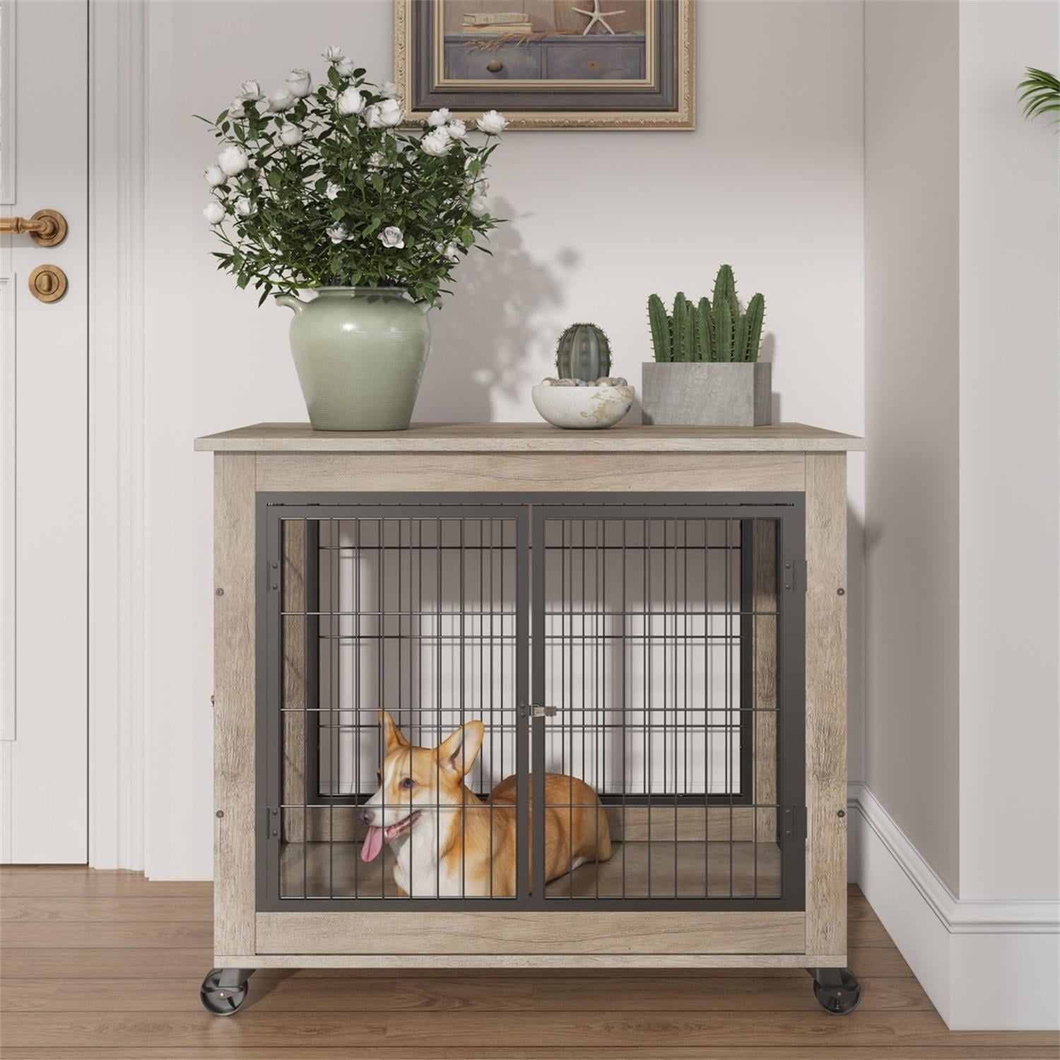 Pefilos 24" Dog Cage for Indoor Dog Crate for Medium Dogs Nightstand Dog House Side Table with Double Doors and Lift Top Casters, Gray Pefilos 24" Dog Cage for Indoor Dog Crate for Medium Dogs Nightstand Dog House Side Table with Double Doors and Lift Top Casters, Gray