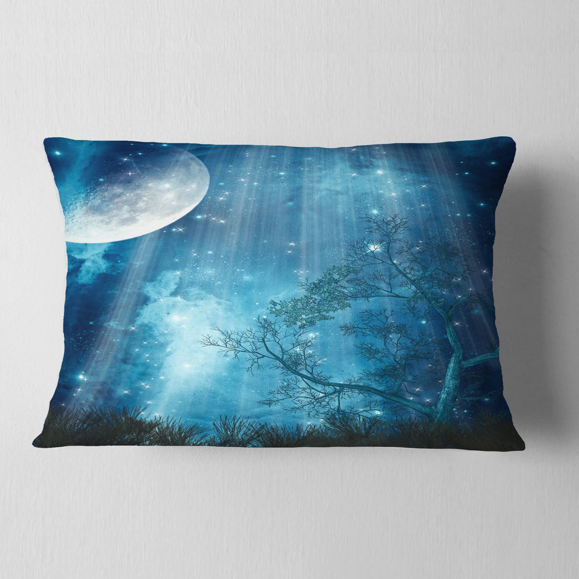 Designart Big Moon in Blue Forest - Landscape Printed Throw Pillow - 12x20