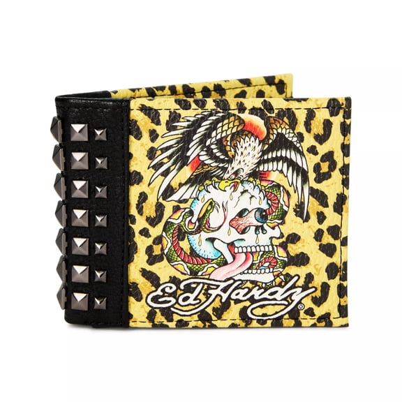 Ed Hardy Men's Eagle Snake Skull Leopard Print Bifold Wallet With Metal Studs