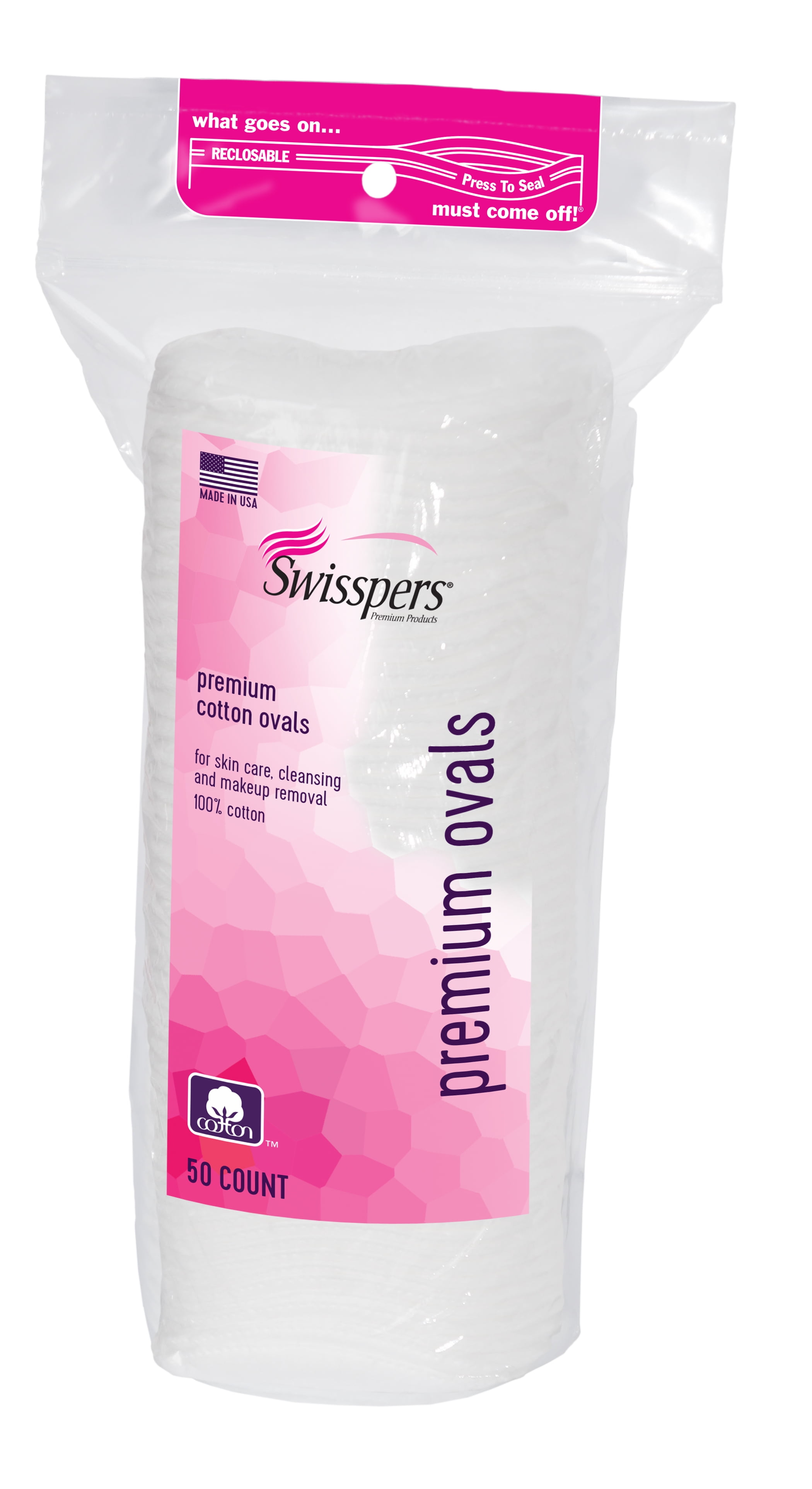 Swisspers Premium White Cotton Oval Pads with Stitched Edge, 50 Count