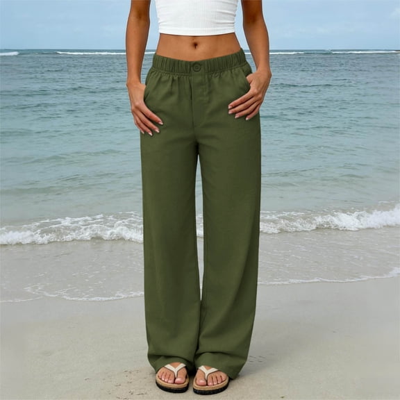 Cagogo Womens Wide Leg Pants with Pockets Casual Loose Long Trousers High Waisted Elastic Waist Palazzo Pants for Beach Work Lounge Travel Fashion Clothes, Army Green XL