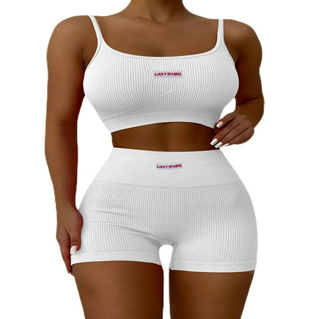 Women Workout Sets 2 Piece High Waist Shorts Ribbed Cami Crop Top Yoga Gym Tracksuit